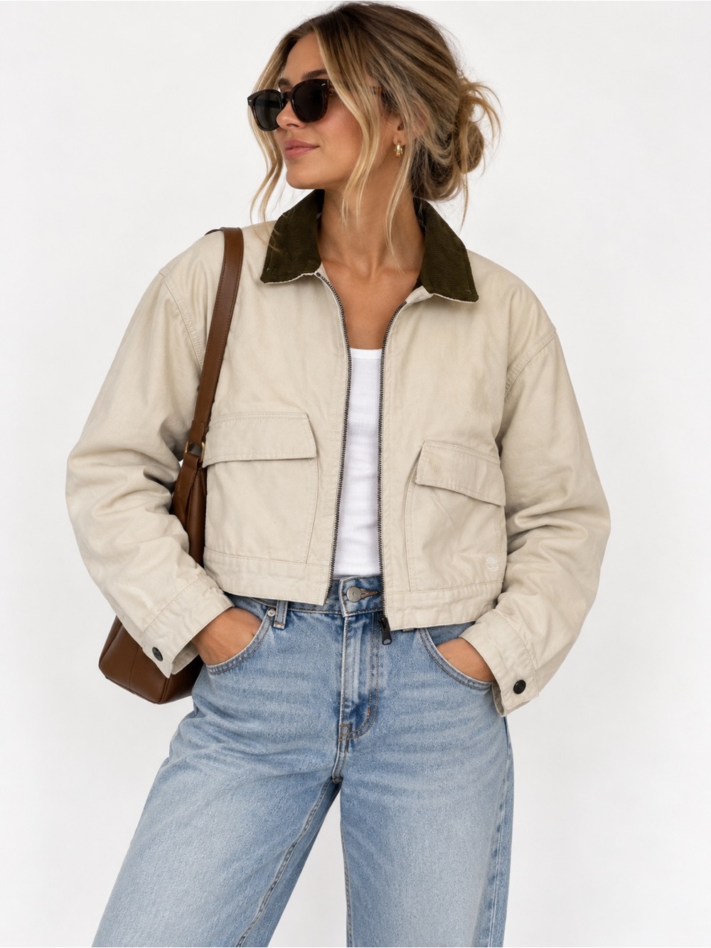 Timberland Cropped Barn Jacket M Cream Corduroy Collar Utility Workwear